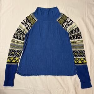 Free People Prism Blue Bell Fair Isle Geometric Sleeve Mock Neck Long Sleeve